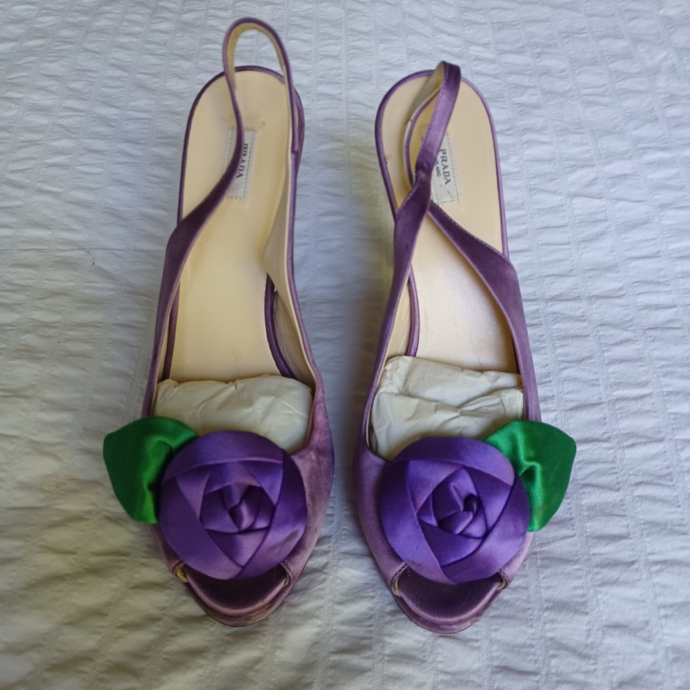 PRADA Purple Satin Rose Peep Toe Pumps Stiletto Shoes. * Read Description *